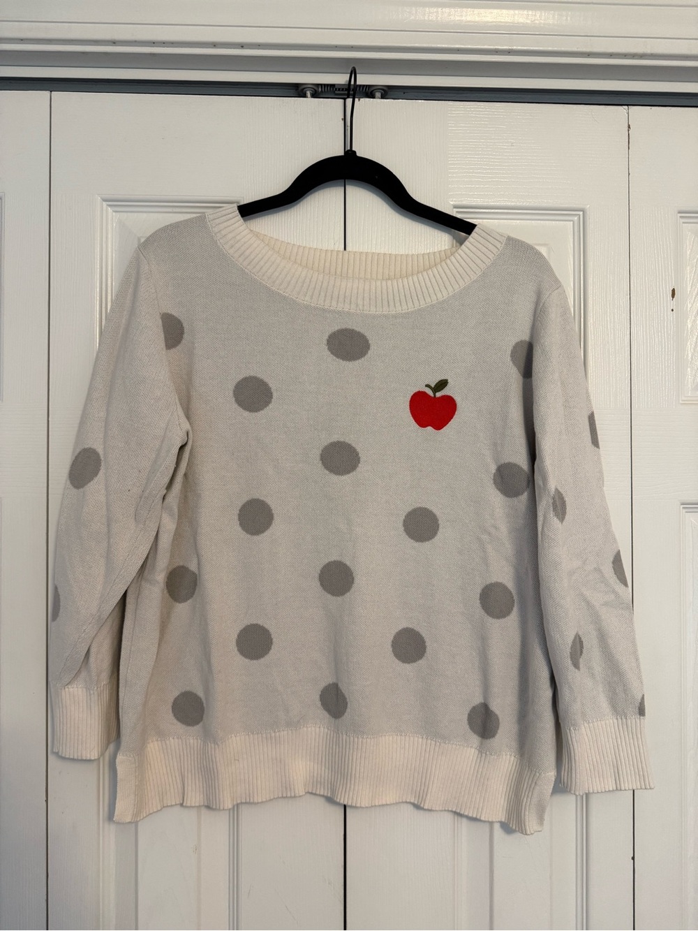 LOFT Cream Polka Dot Crewneck Sweater with Red Apple